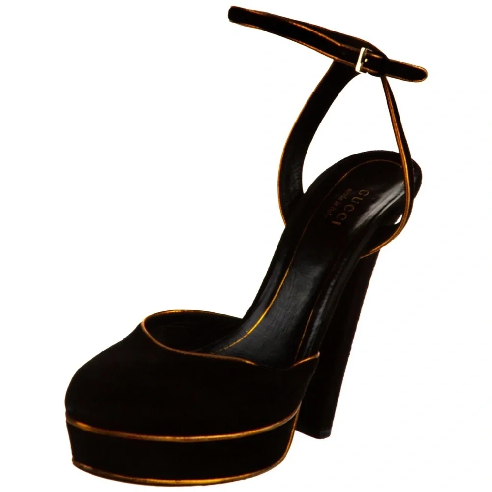 Gucci Black Suede w/ Gold Piping Huston Ankle Strap Platform Pumps​